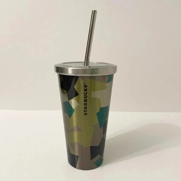 Starbucks 2014 Stainless Steel 16oz Camo Tumbler Cup With Stainless Steel Straw - Picture 2 of 16